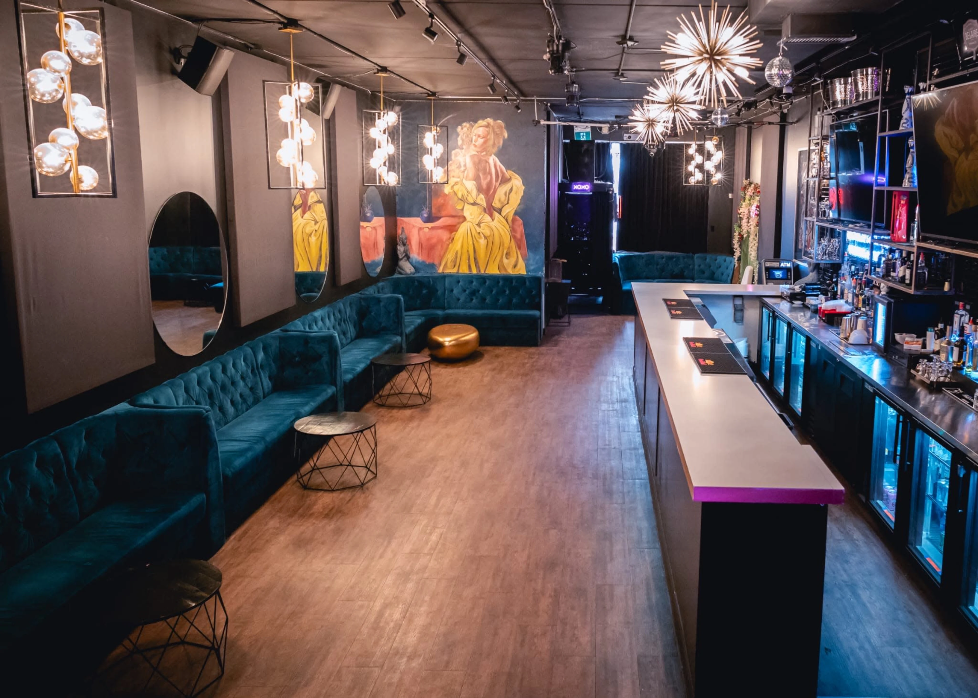 Upscale cocktail bar with contemporary lounge seating