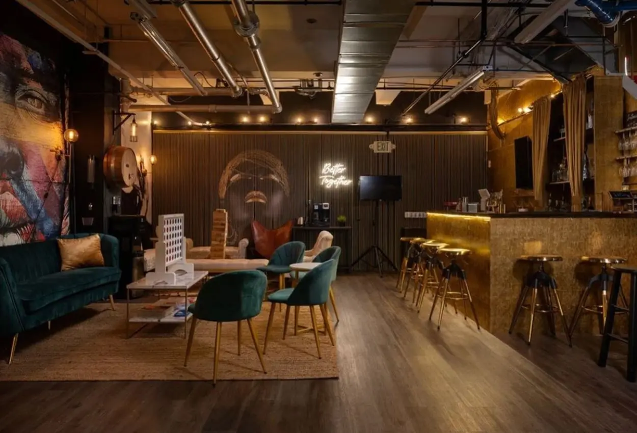 Midtown speakeasy bar and lounge interior with warm lighting