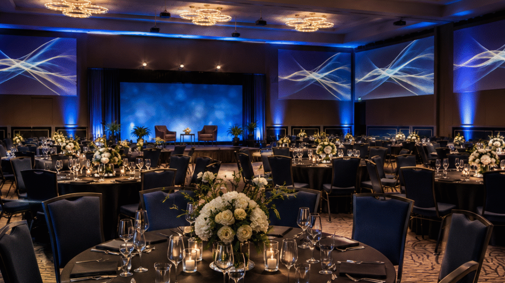 Grand ballroom event center ready for private milestone banquets