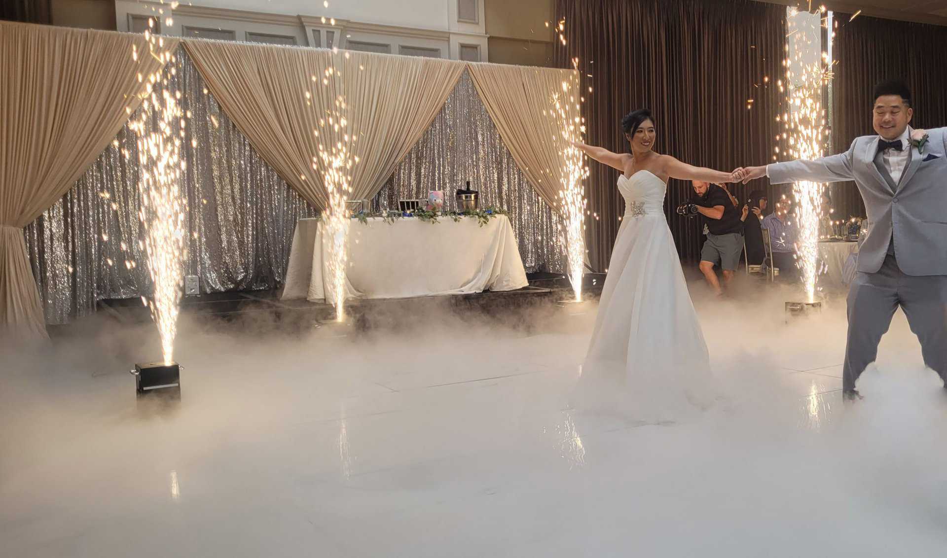 First dance on low-lying cloud effect with indoor cold spark machines